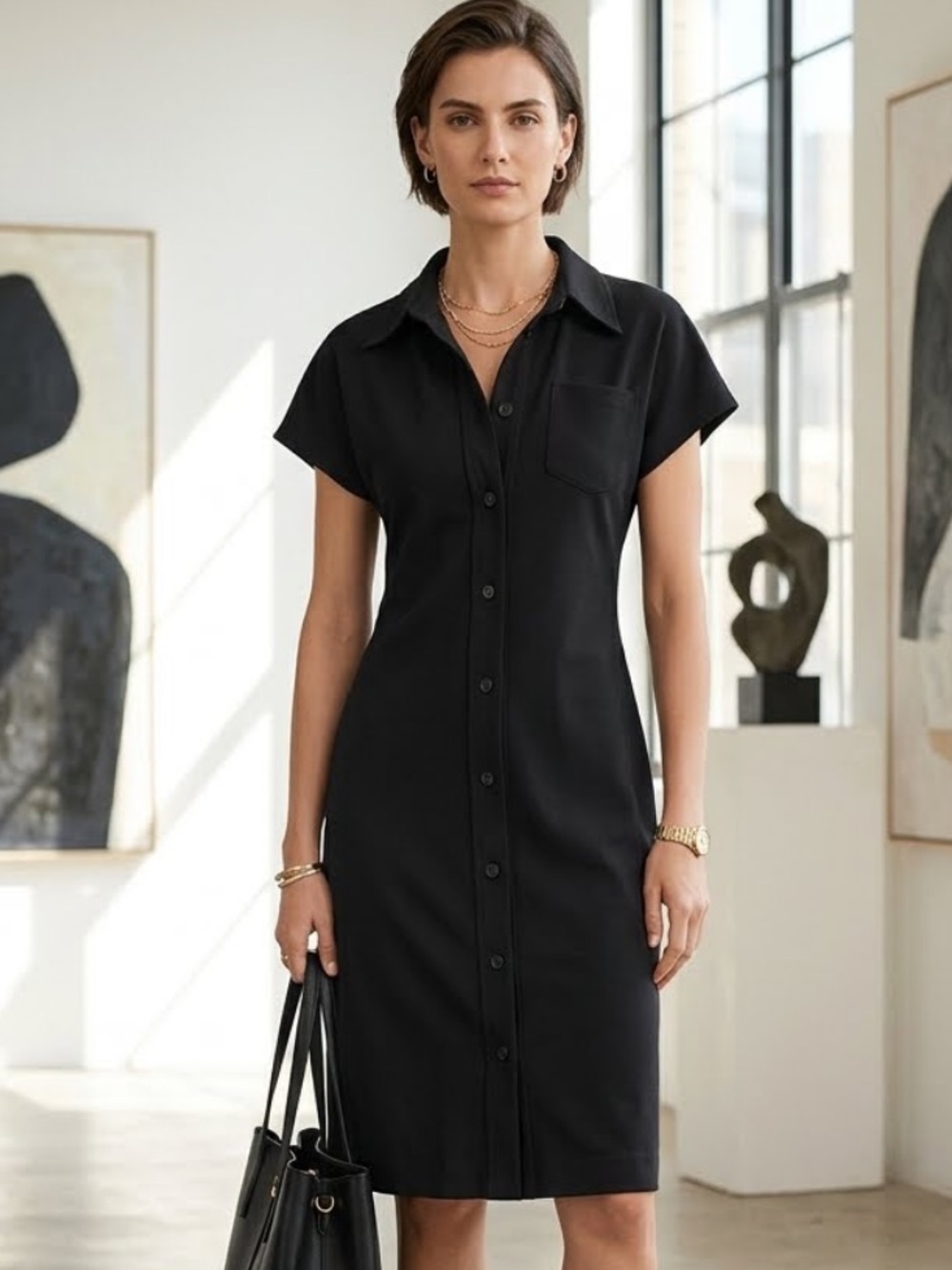 Vintage Black Preppy Shirt Midi Dress Medium Button Down Short Sleeve Minimalist